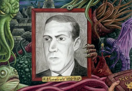 {'fr': 'Portrait de H. P. Lovecraft entouré de créature du Mythe de Cthulhu'}